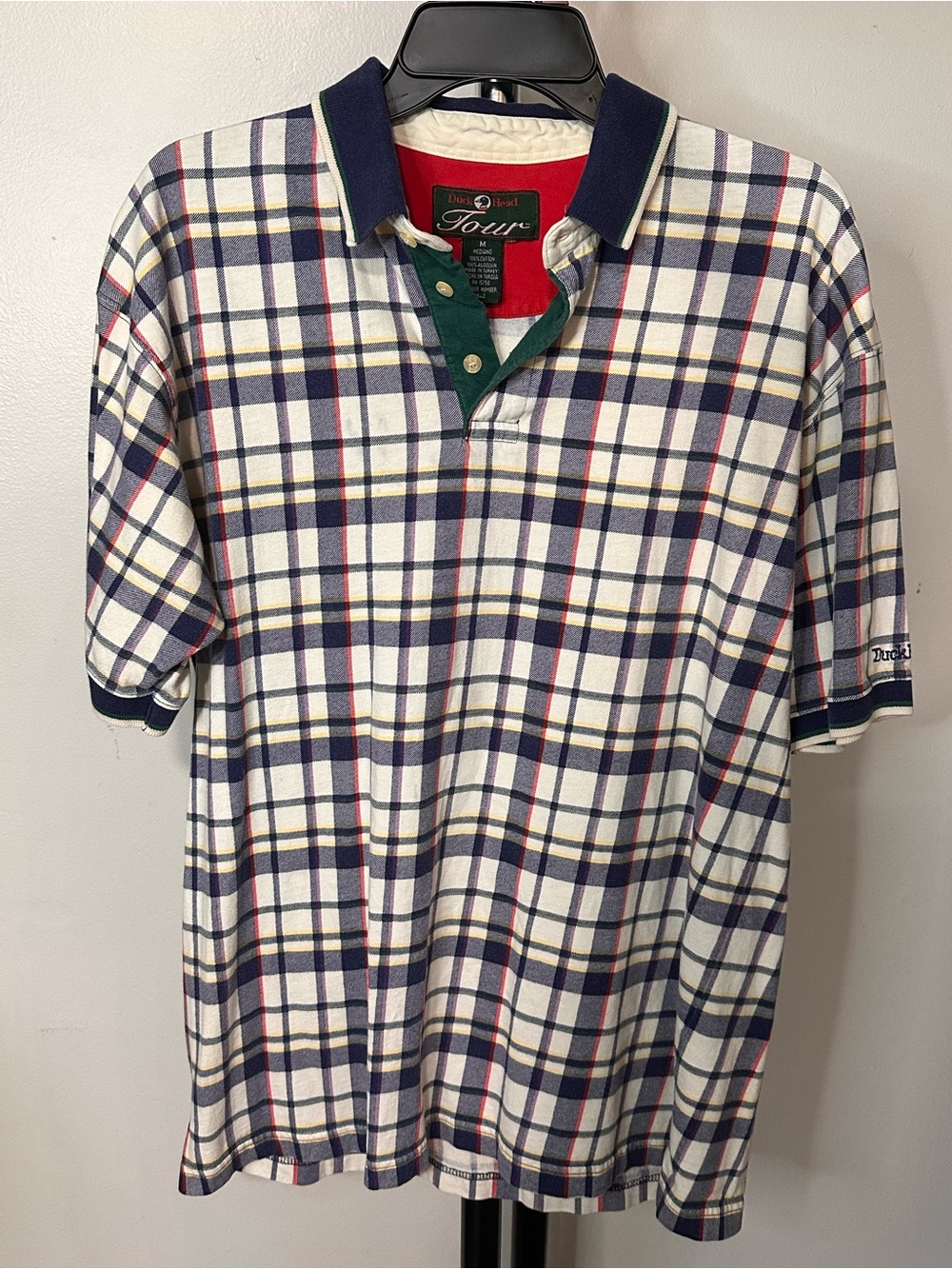 Duck Head Men’s White Plaid Polo with Navy Collar
